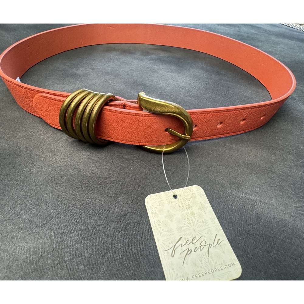 Free People Coral Orange Leather Belt Boho Chic Antique Brass Buckle S/M New